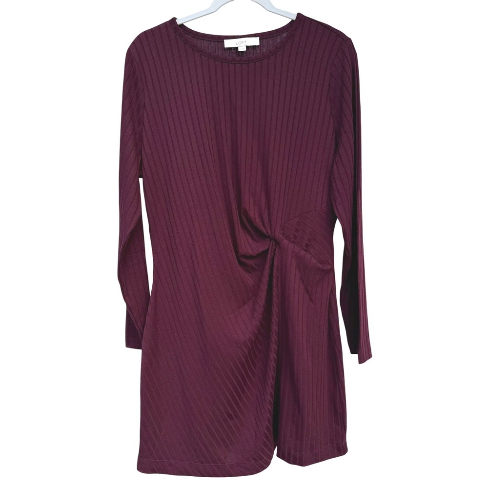 LOFT Burgundy Ribbed Knit Twist Front Long Sleeve Dress XL